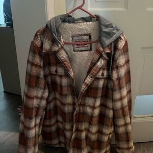 Levi's Men's Tan-ish and White Plaid Shirt Jacket with Hood.